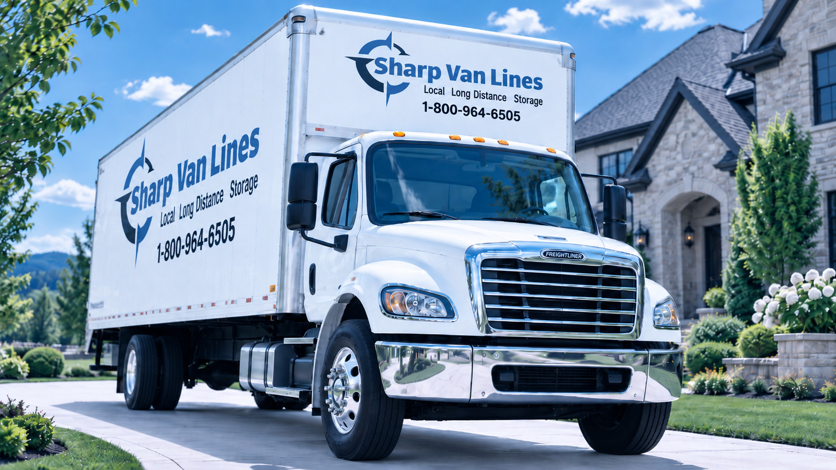 White Sharp Van Lines truck outside a house