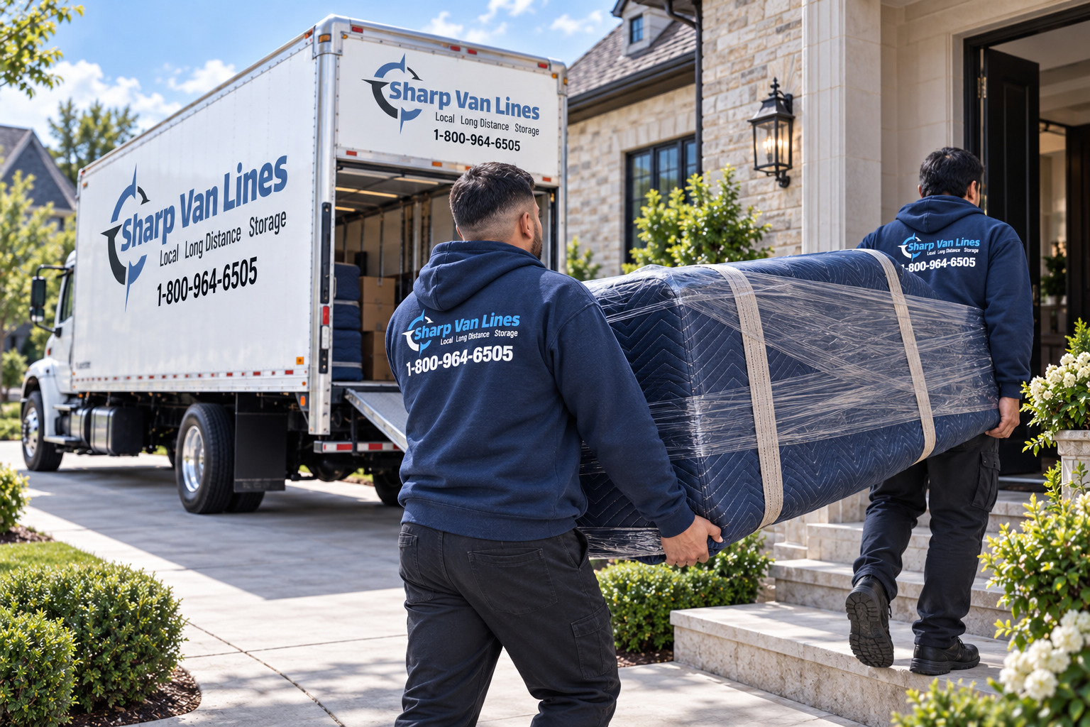 Movers carrying a wrapped sofa to a house