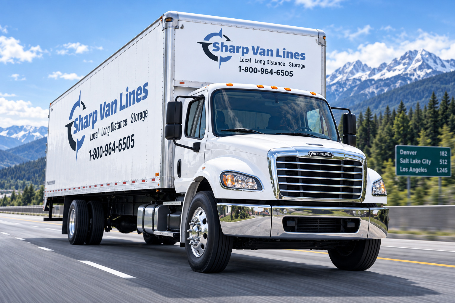 Sharp Van Lines truck on a mountain highway