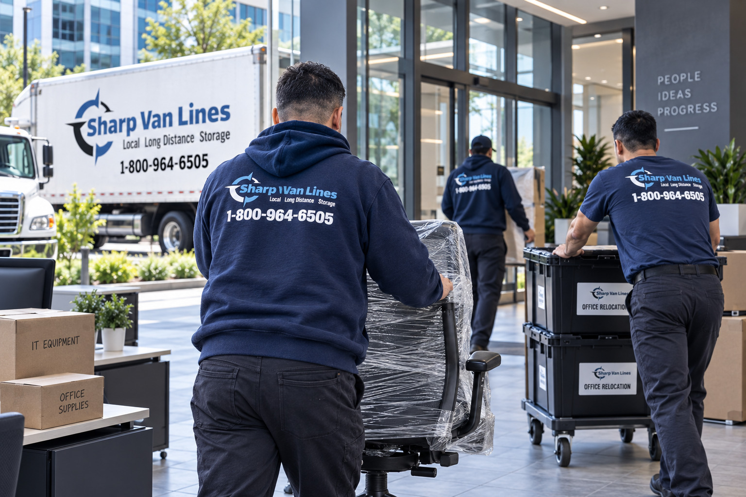 Movers transporting office furniture and equipment