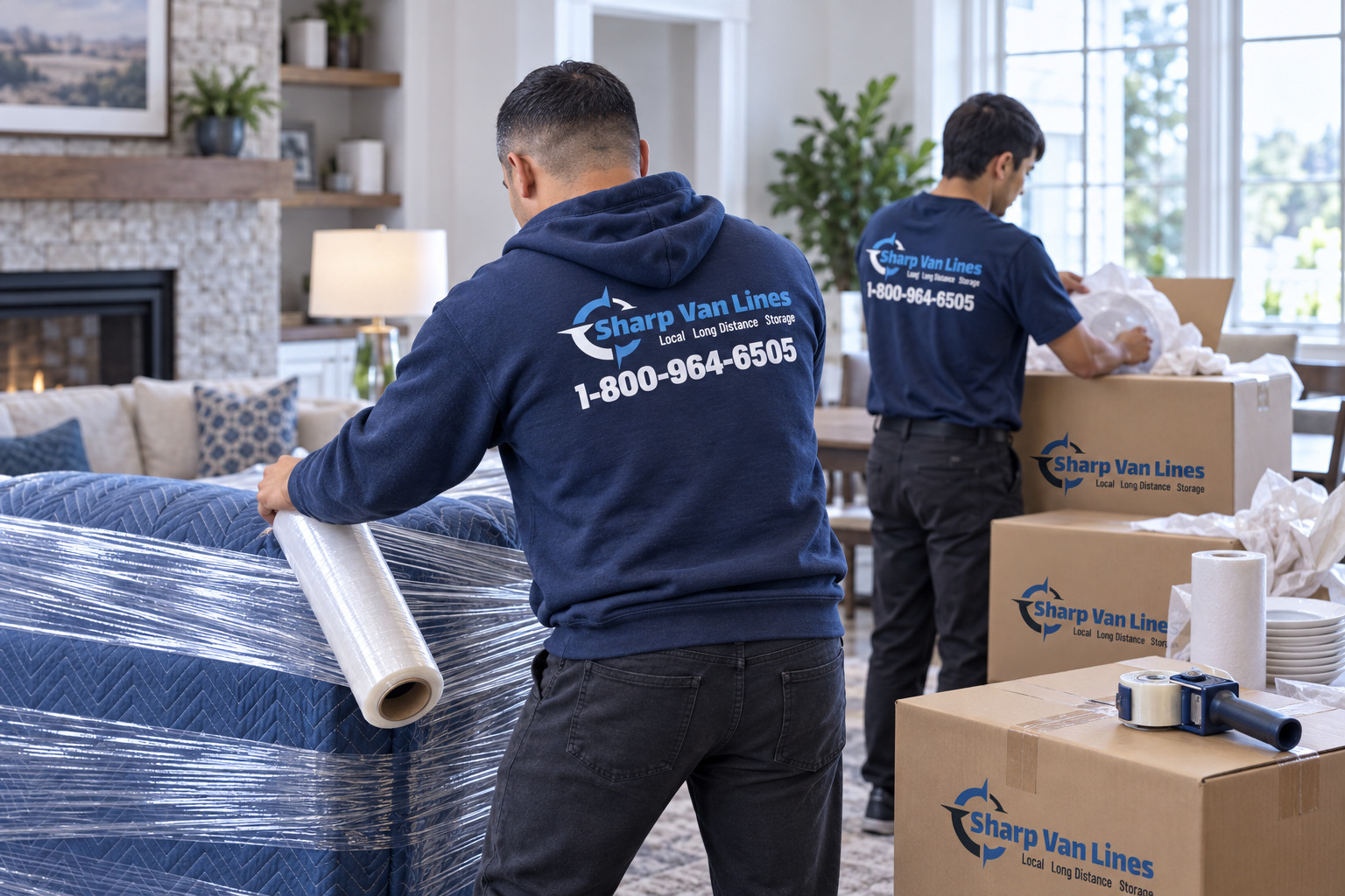 Movers wrapping furniture and packing boxes