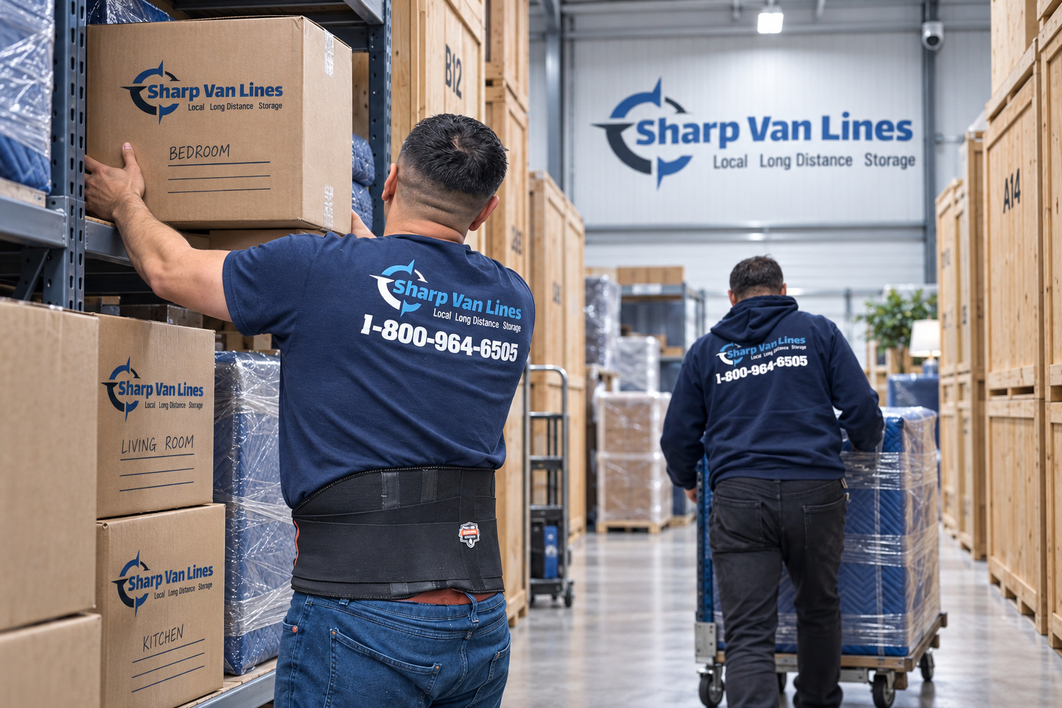 Movers organizing boxes in a storage aisle