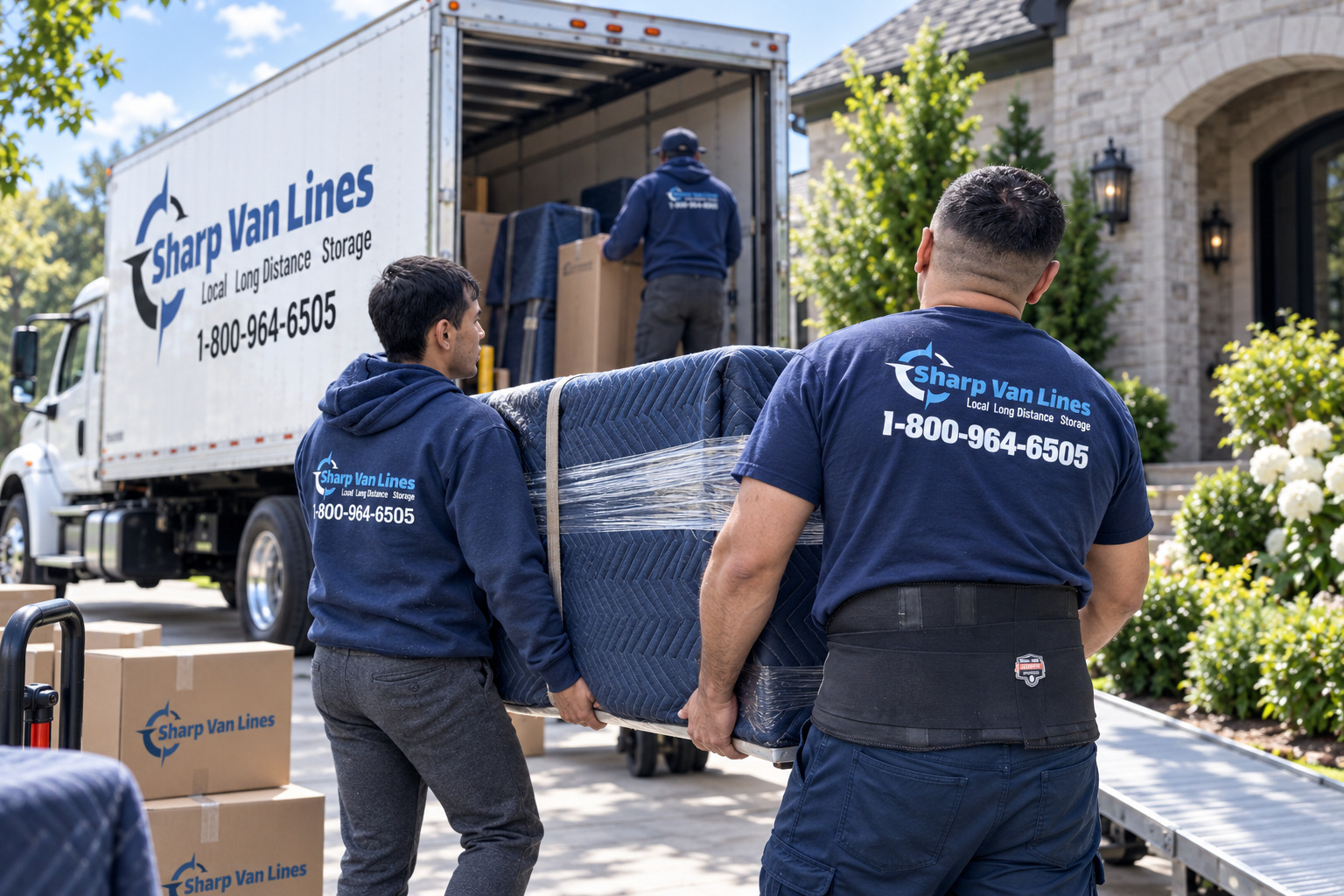 Moving crew loading a wrapped sofa into a truck